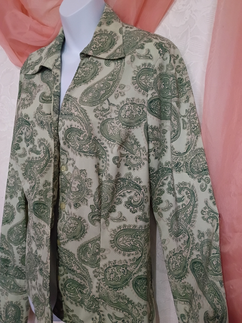 Rena Rowan Ladies Green Paisley Tie-Front Button-Down Satin Shirt Sz 10 - Picture 4 of 7